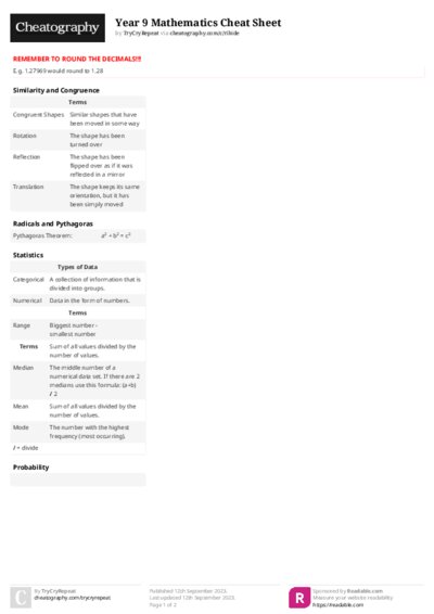 Year 9 Mathematics Cheat Sheet