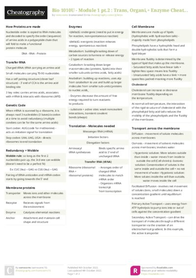 Bio 1010U - Module 1 pt.2 : Trans, Organi,+ Enzyme Cheat Sheet