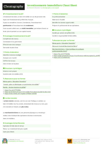 investissements immobiliers Cheat Sheet