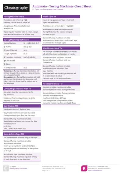 Automata - Turing Machines Cheat Sheet