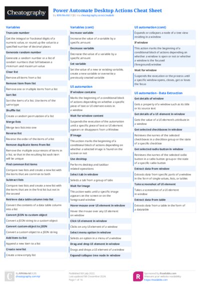 Power Automate Desktop Actions Cheat Sheet