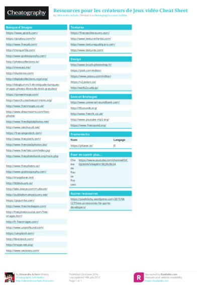 Ressources pour les créateurs de Jeux vidéo Cheat Sheet