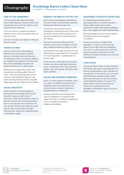 Psychology Baron Cohen Cheat Sheet